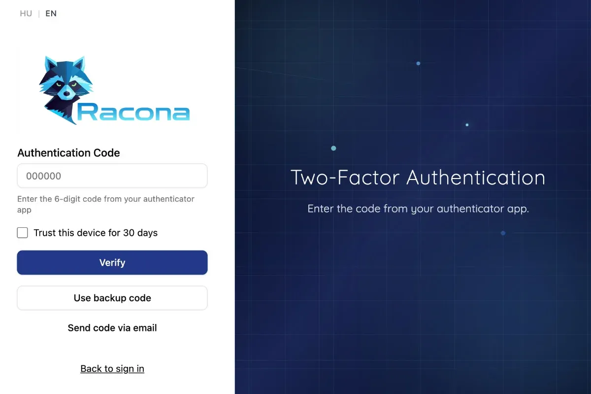 Placeholder: 2FA login screen with 6-digit code field