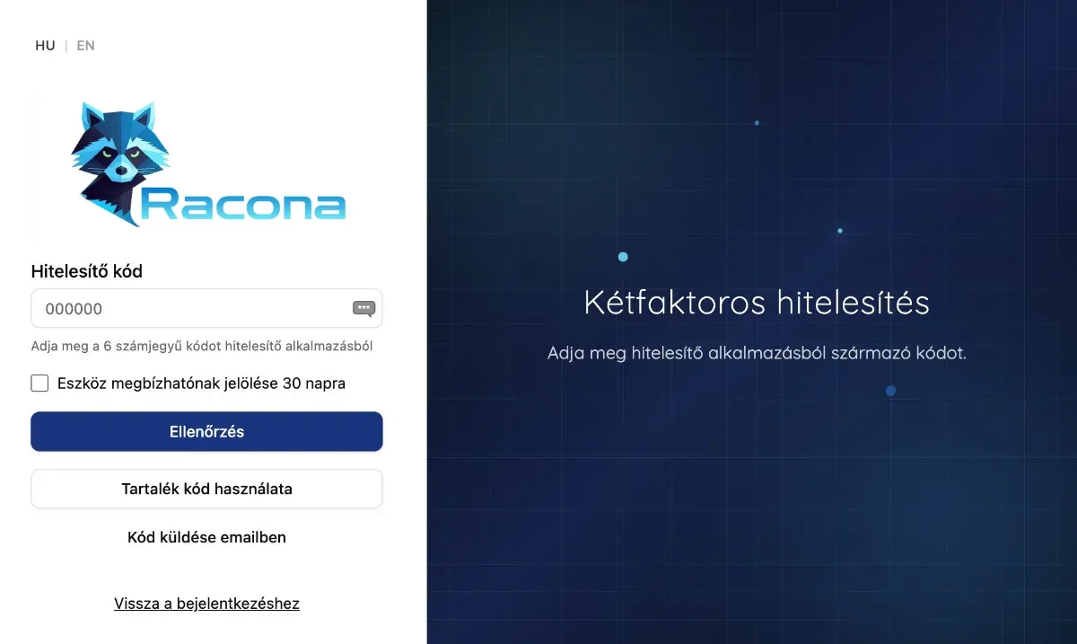 Placeholder: 2FA bejelentkezési képernyő 6 számjegyű kód mezővel