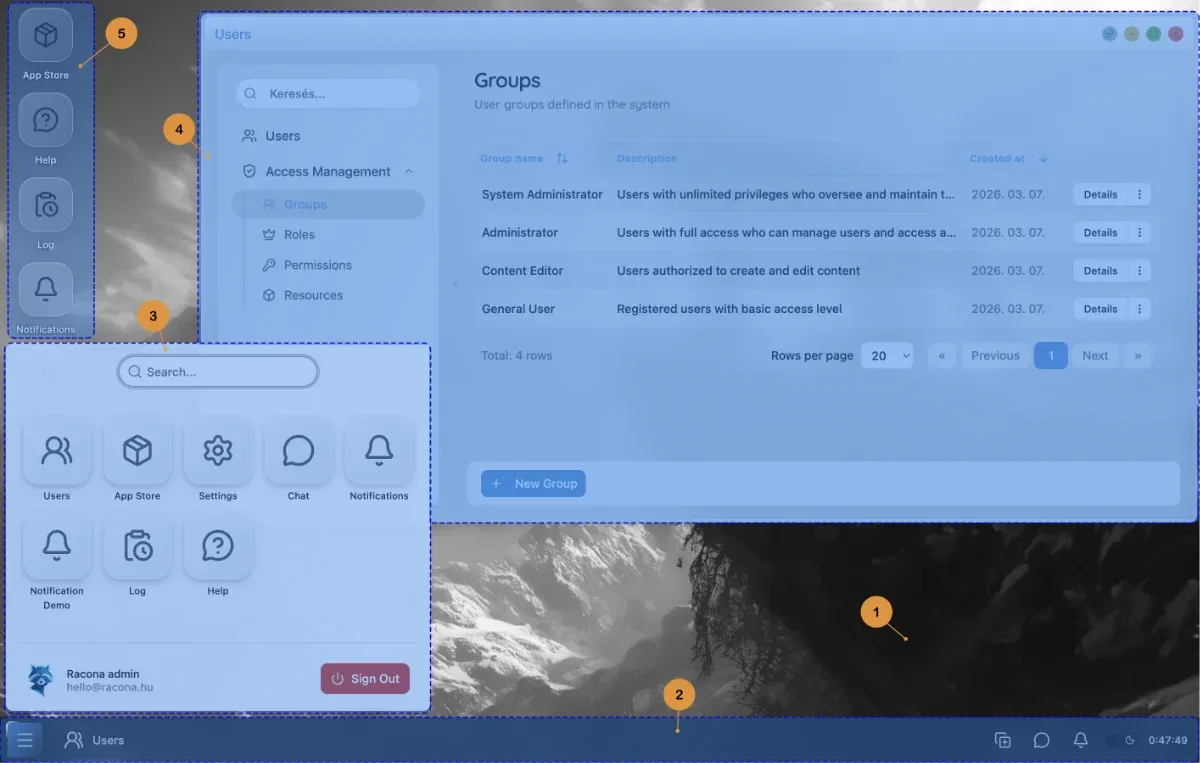 Placeholder: Racona desktop environment structure - desktop, taskbar, and start menu highlighted