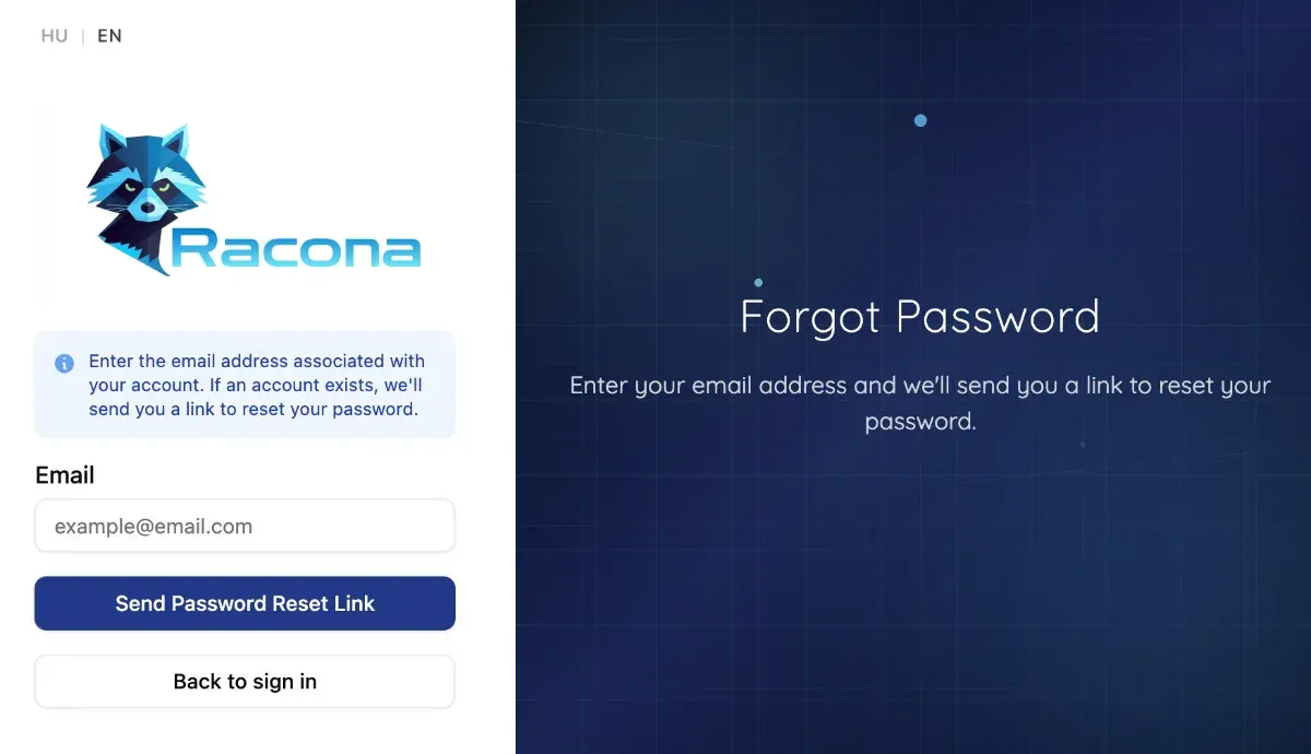 Placeholder: Password reset screen with email field and send button