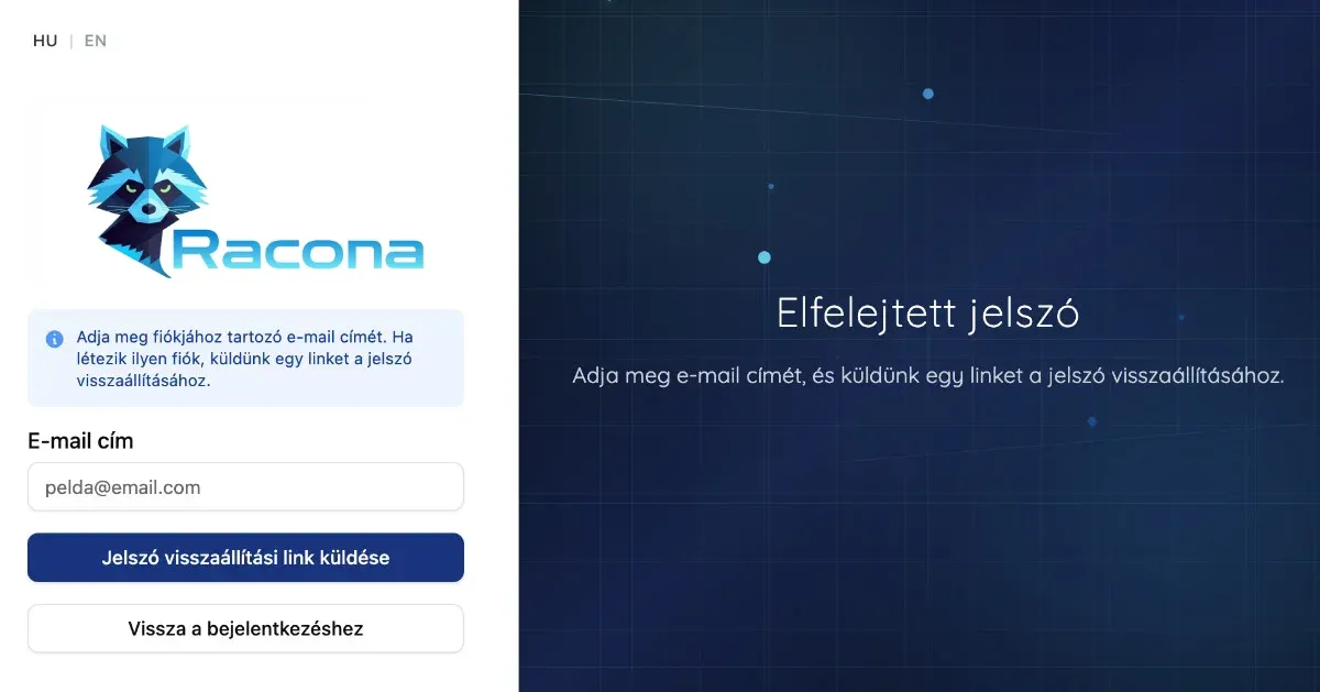 Placeholder: Jelszó visszaállítási képernyő email mező és küldés gombbal