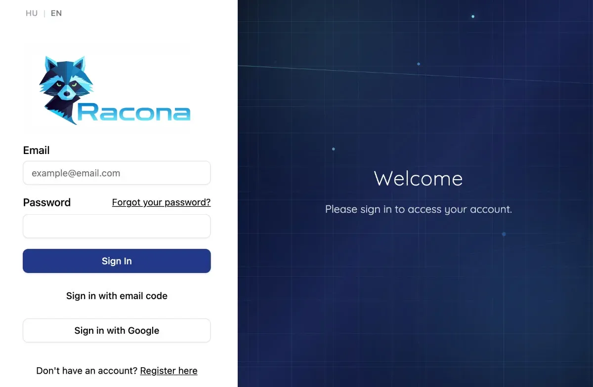 Placeholder: Login screen with email/password fields, email code option, and Google login button