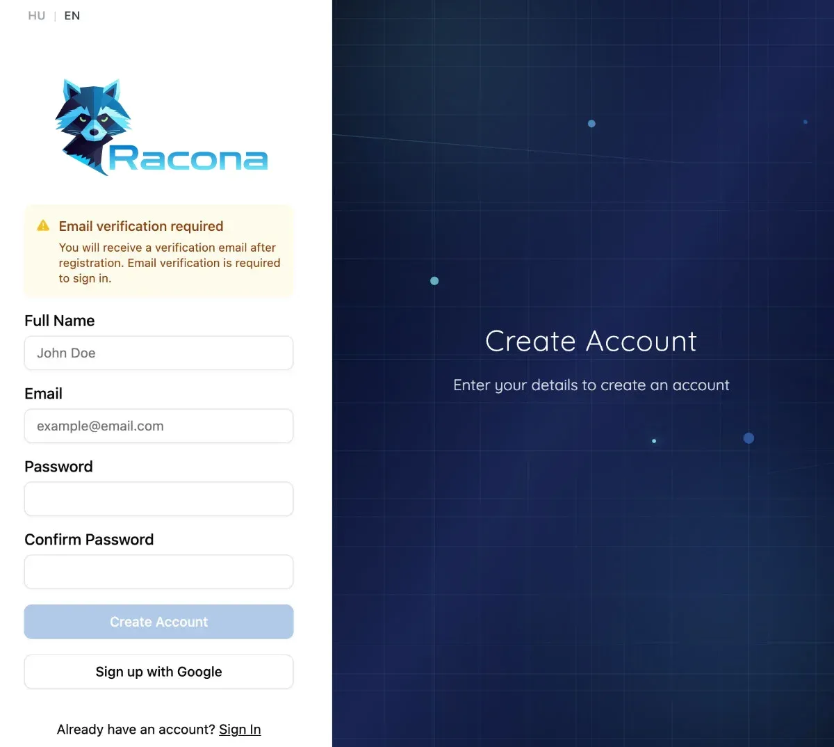 Placeholder: Registration screen with email and password fields