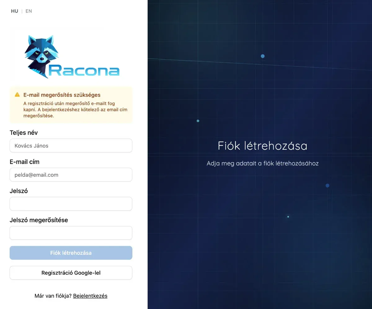 Placeholder: Regisztrációs képernyő email és jelszó mezőkkel