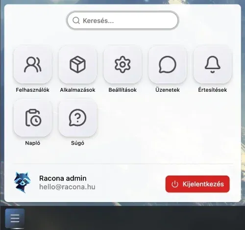 Placeholder: Indító panel rács nézetben megnyitott alkalmazásokkal